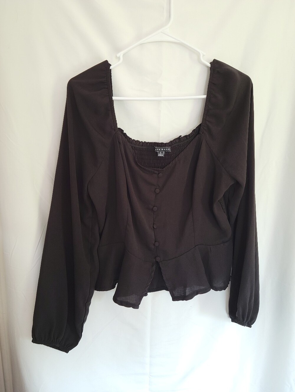 Haute Monde Black Button-Front Peplum Long-Sleeve Blouse